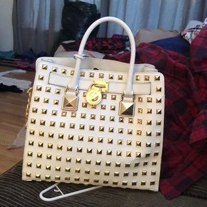 Rare Michael Kors White Leather Large Gold-Studded Hamilton Bag